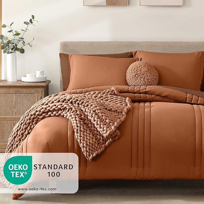Monbix King Size Comforter Set - 7 Pieces Bed in a Bag King, Burnt Orange Bedding Sets with Comforter, All Seasons Comforter Bed Set with Sheets, Pillowcases & Shams