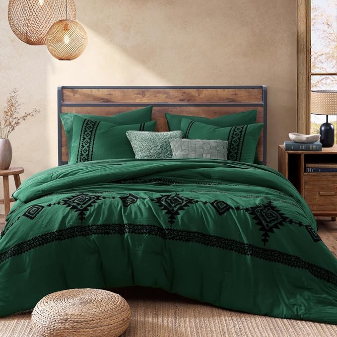 MaiRêve Embroidery Comforter Set, Boho Farmhouse Western Bedding Set, All Season Bed in A Bag Comforter Set with Sheets, Pillowcases & Shams, Emerald Green Queen 7 Pieces