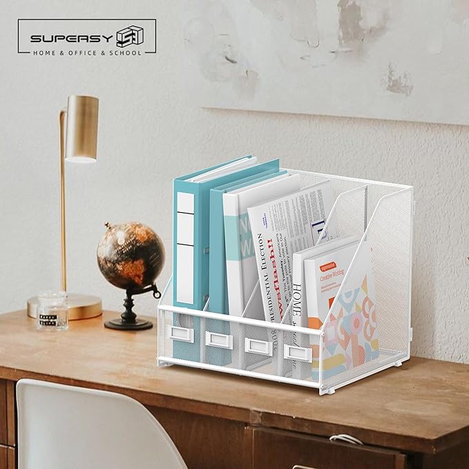 SUPEASY Magazine File Holder, Binder Holder Metal Desk Organizer with 4 Rack Compartments, File Organizer for Office Home School, White