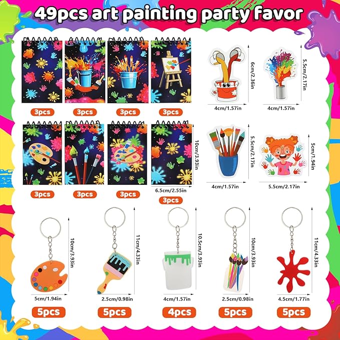 49Pcs Art Paint Party Supplies Art Paint Party Favor 24 Paint Splatter Notepads 24 Keychains Stickers Neon Paint Party Decorations Colorful Graffiti Art Painting Birthday Gifts Rewards