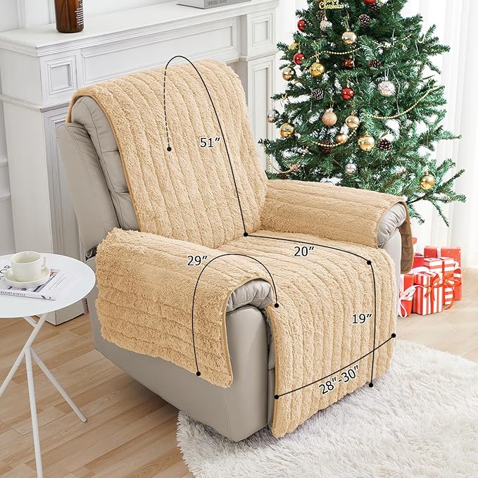 RBSC Home Plush Recliner Slipcover 30 Inches Beige Chair Covers Artificial Wool Lazy Boy Cover Quilted Cover for Recliner Chairs and Furniture Soft Warm