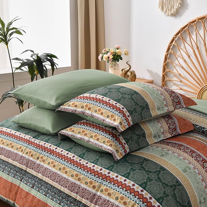 Cottolester Boho Comforter Set Queen Size,8 Pieces Sage Green and Orange Bohemian Striped Bed in a Bag,Paisley Soft Microfiber Bedding Comforter Set