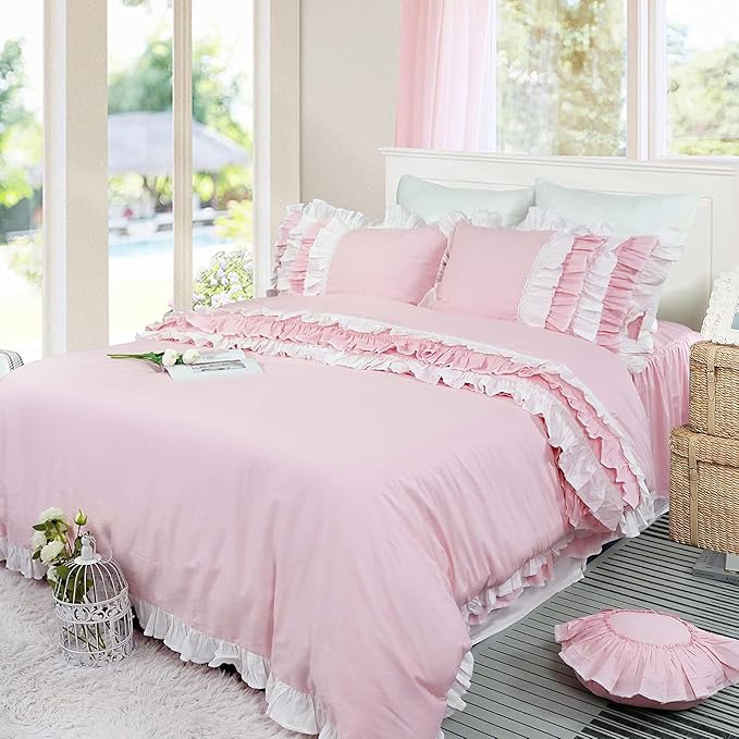 Helthep Pink Ruffle 3Pcs Duvet Cover Set Queen, 100% Cotton Girls Bedding Set Princess Lace Patchwork Soft Breathable Washed Cotton, (1 Duvet Cover + 2 PillowShams, Comforter Not Included)