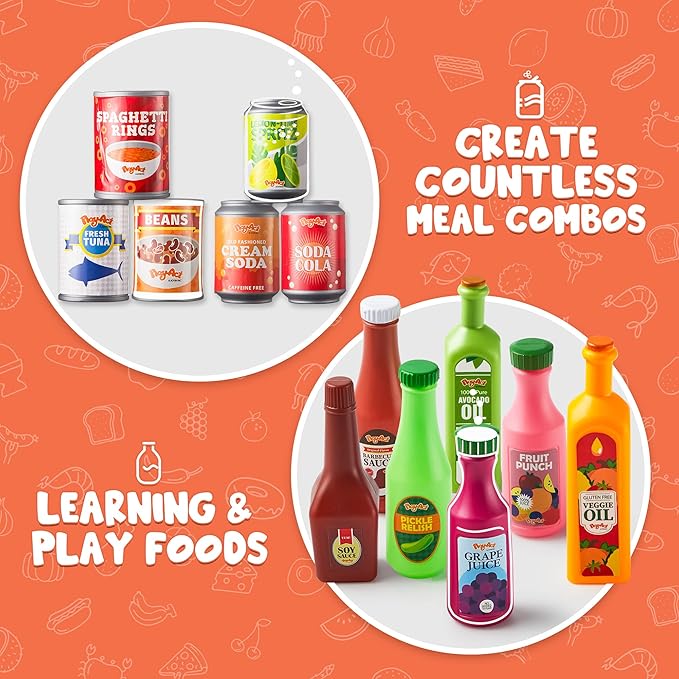 JOYIN 30Pcs Play Food Grocery Cans, Play Kitchen Accessories, Includes Drink, Juice, Jar, Seasoning, Water Bottle, Sauce, Yogurt, Ice Cream, Snack Box, Kids Gifts & Indoor Toys