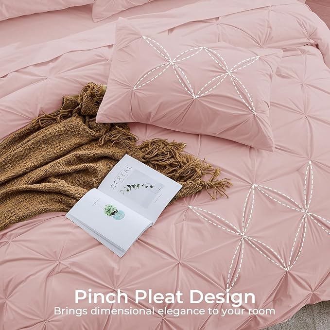 Sasttie Twin Comforter Set, 5-Piece Bed in a Bag, Pintuck Bedding Sets for All Season, Includes Comforter, Flat Sheet, Fitted Sheet, Pillowcase and Pillowsham, Rose Gold