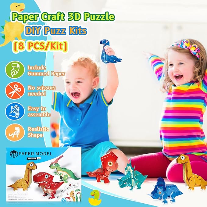 Paper Craft 3D Puzzle DIY Puzz Kits (8 PCS/Kit) Cartoon Art Craft Gift for Kids, No Need Scissors, Include Adhesive Paper, Art Supplies in Class, Cubic Art Decor Paper Model Craft Kit (Gun)