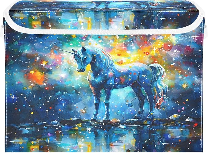 senya Large Storage Bins with Linen Collapsible Foldable Storage Cubes Fabric Closet Organizer Containers box with Flip-Top Lid for Home Bedroom Office 16.7 x 12.6 x 11.8in (Unicorn Stars Pattern)