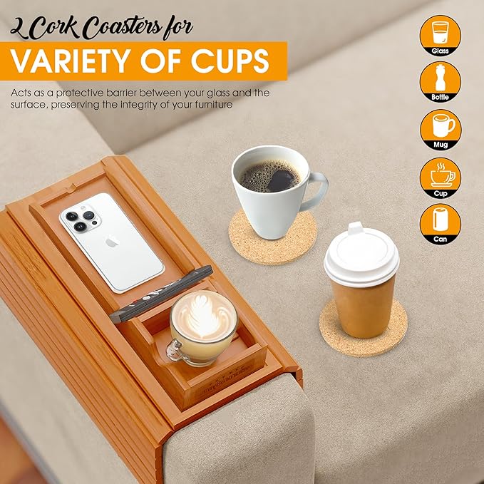 Couch Cup Holder with 2 Cork Coasters | Couch Caddy with Detachable Tray | Anti-Slip Foldable Armrest Sofa Tray, Anti-Spill Holder for Remote, Snacks, Cellphone - Ideal Gift (Mahogany)