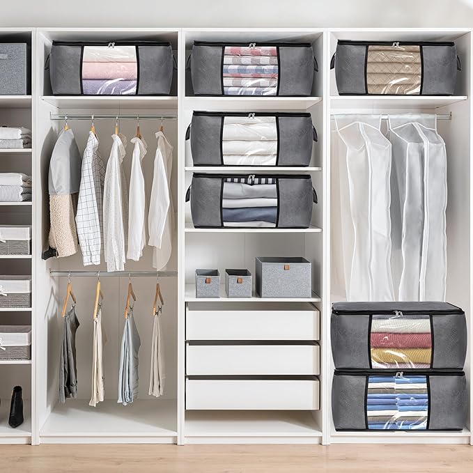 2 Pack Clothes Organizer Storage Bags with Zipper, 45L Foldable Blanket Storage Box with Clear Window Sturdy Handles for Closet, Dorm, Pillows, Bedding, Sweater, Clothing, Gray