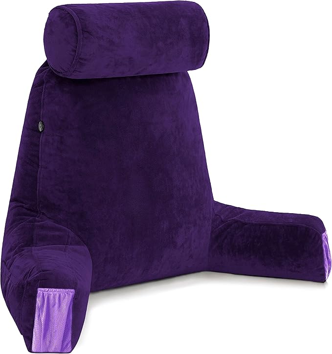 Husband Pillow Medium Purple, Backrest for Kids, Teens, Petite Adults - Reading Pillows with Arms, Adjustable Loft, Plush Memory Foam, Bed Rest Chair for Sitting Up, Detach Neck Roll, Removable Cover