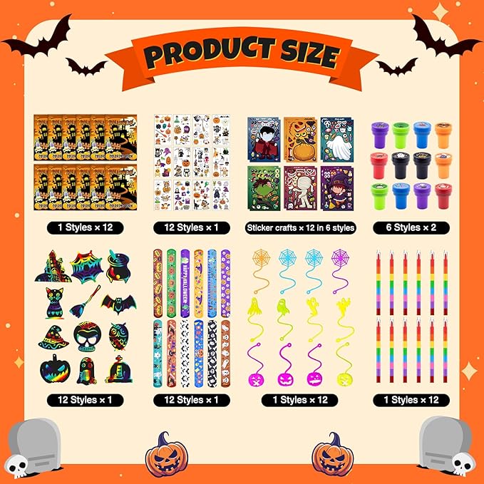 Halloween Party Favors, Halloween Coloring Books with Crayons School Exchanging Gifts Tattoo DIY Sticker Stampers Paper Crafts Slap Bracelets Sticky Hands Halloween Class Treat Prizes 96 PCS