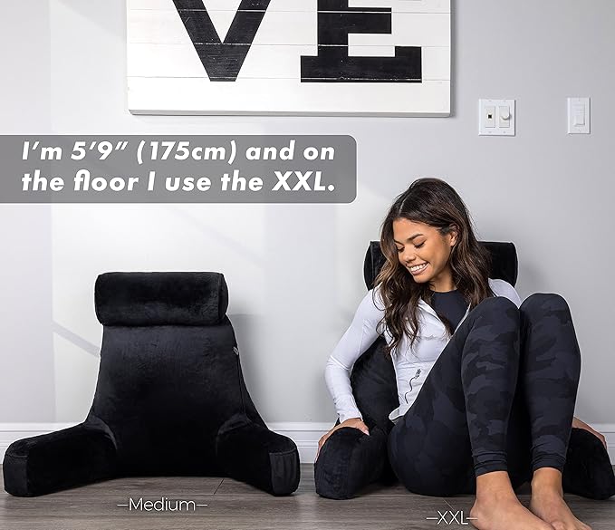 Husband Pillow Medium Black, Backrest for Kids, Teens, Petite Adults - Reading Pillows with Arms, Adjustable Loft, Plush Memory Foam, Bed Rest Chair for Sitting Up, Detach Neck Roll, Removable Cover