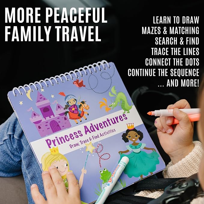 Kids Small Size Travel Educational Activity Books with Washable Markers (7"x7") - Car and Airplane Activities - Search and Find, Reusable Stickers for Ages 4, 5, 6 (Ocean & Space)