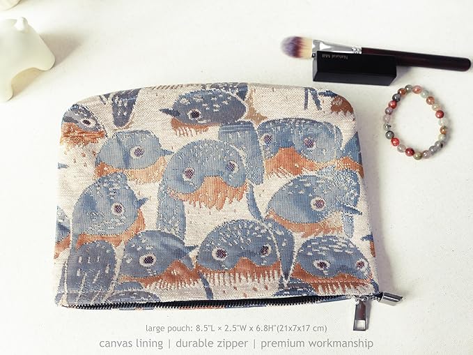 HAPPYHEIDI Cute Canvas Makeup Bag Cosmetic Toiletry Travel Pouch Car Handbag Organizer, Jacquard Golden Hirundo Rustica, Creamy Beige