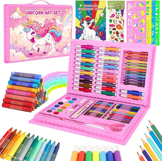 homicozy Art Supplies, Unicorn Drawing & Coloring Set with Crayons, Colored Pencils, Markers, Sketchbook, Watercolor Cakes, Stencils, Arts and Crafts Painting Kit for Kids Ages 4-10, Girls Boys Gift