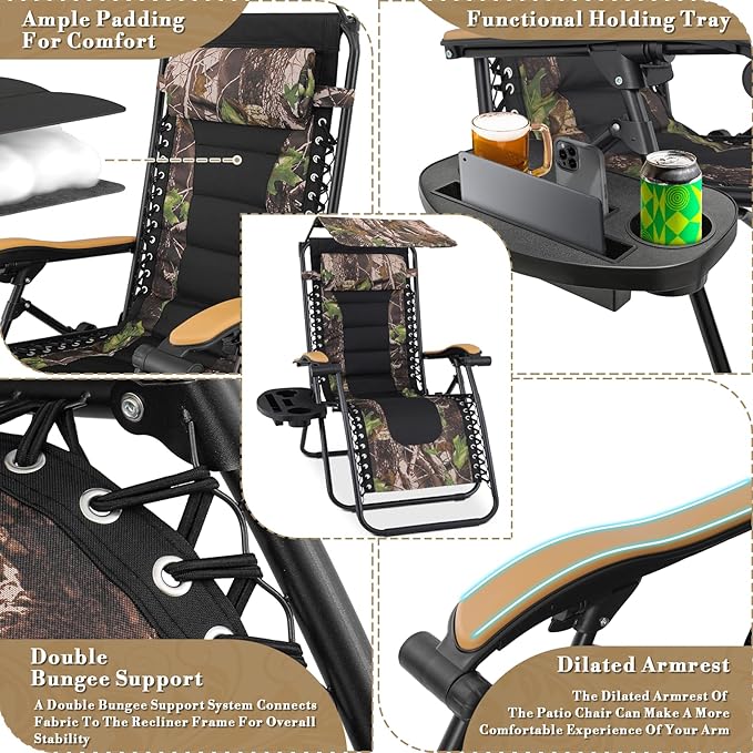 Athena Collection Zero Gravity Outdoor Lounge Chair Set of 2 with Canopy Shade, 29" Width Pool Lounge Lawn Chairs Reclining with Cup Holder, Outdoor Chaise for Beach Patio Outside, Jungle