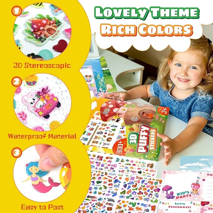 3D Puffy Stickers for Kids, 16 Diffrent Sheets Over 800, 4 DIY Scene Cards of Fairy Princess Unicorn Dinosaur Animal, Coloured 3D Stickers for Toddlers Teachers as Reward, Craft Scrapbooking