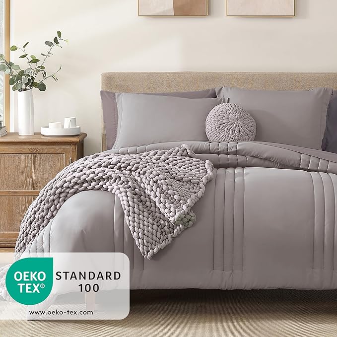 Monbix Queen Comforter Set - 7 Pieces Cloud Purple Bed in a Bag Queen Bedding Sets with Comforters, All Seasons Comforter Bed Set with Sheets, Pillowcases & Shams