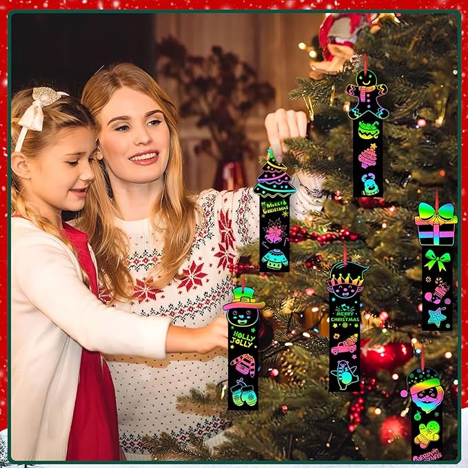 AUGSUN 96Pcs Christmas Scratch Bookmarks, Cute Christmas Tree Santa Snowman DIY Crafts Kit Rainbow Magic Scratch Paper Art for Xmas Hanging Ornaments Christmas Party Favors