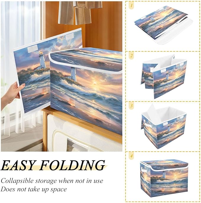 senya Large Storage Bins with Linen Collapsible Foldable Storage Cubes Fabric Closet Organizer Containers box with Flip-Top Lid for Home Bedroom Office 16.7 x 12.6 x 11.8in (Seaside Scenery)