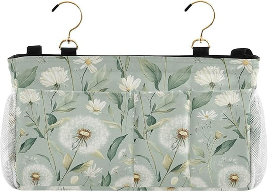 Sage Green Dandelion Bedside Caddy for Dorm Bed Bedside Hanging Caddy Bag Iron Frame Storage Organizer Pocket for Bunk Home College Hospital Beds 2 Hooks