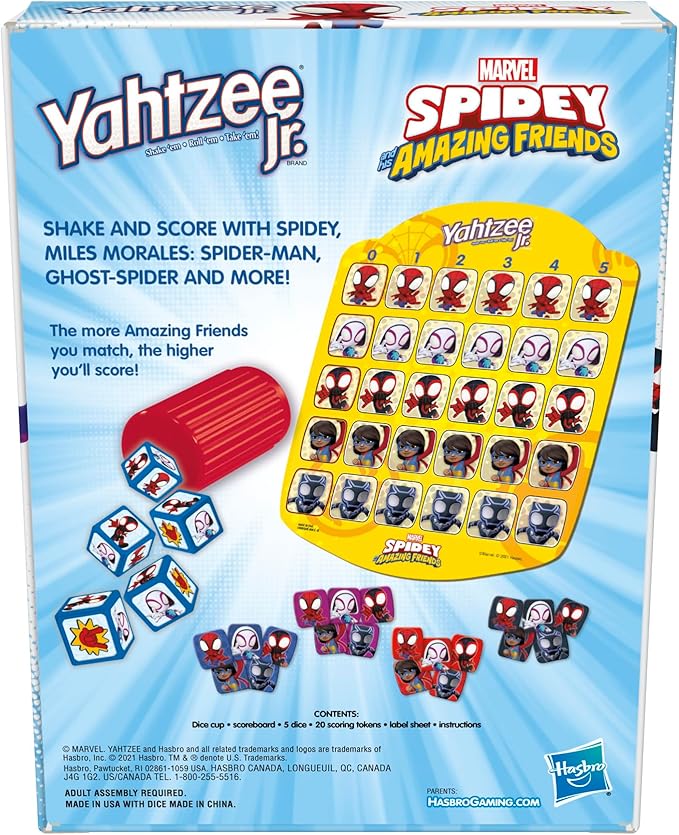 Hasbro Gaming Yahtzee Jr. Marvel Spidey and His Amazing Friends Edition Board Game | Preschool Games for Kids | 2-4 Players | Easter Gifts Boys & Girls | Ages 4+ (Amazon Exclusive)