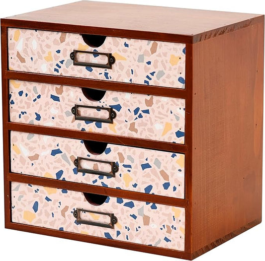 Terrazzo Pattern Wooden Desk Organizer - 4-Drawer Desktop Storage - Modern & Rustic Wood Cabinet for Office Supplies, Craft Tools, & Home Organization - Cute Drawer Unit