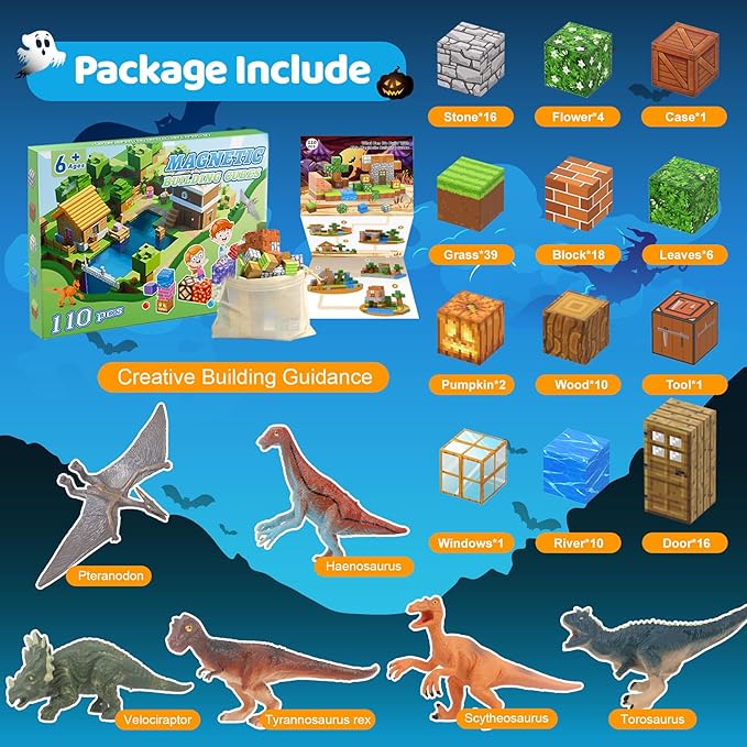 Magnetic Blocks 110PCS with 6 Animal Toys, Punpkin Building Blocks Set, Toys for Boys & Girls Age 6-8, Stacking Building Toys for Toddlers Sensory Toy for Kids 6+