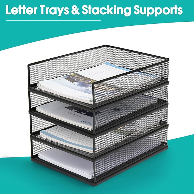 Wire Mesh Letter Trays Paper Tray Desk File Organizer, 2 Pack Stackable Metal Front-Load Documents Tray for Office Supplies File (Lengthways)