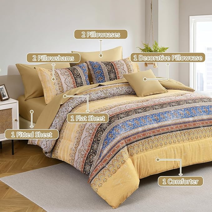 Cottolester Boho Queen Comforter Set 8 Pieces, Yellow Bohemian Striped Bed in a Bag, Paisley Soft Microfiber Bedding Comforter Set