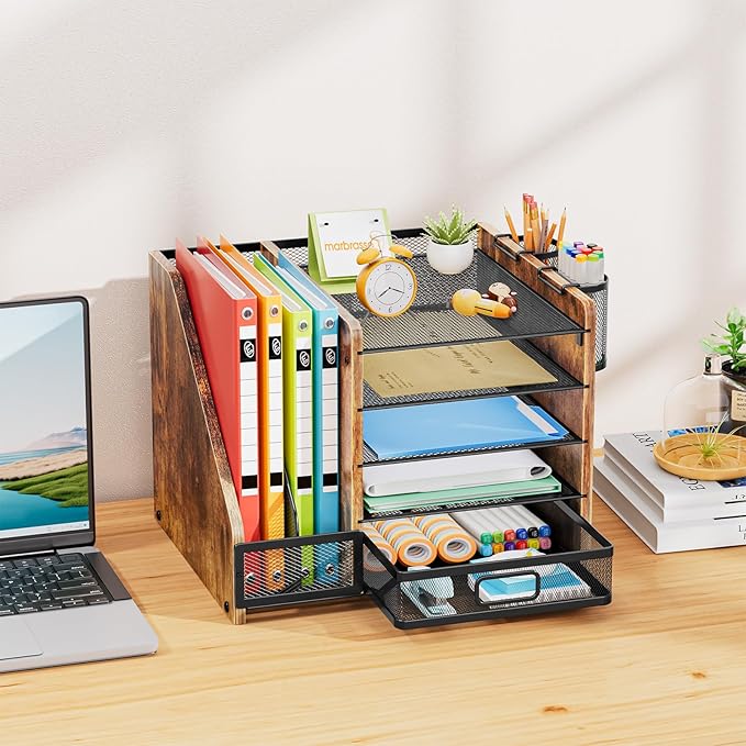 Marbrasse Desk Organizer with File Holder, 5-Tier Paper Letter Tray Organizer with Drawer and 2 Pen Holder, Mesh Desktop Organizer and Storage with Magazine Holder for Office Supplies (Wood-Brown)