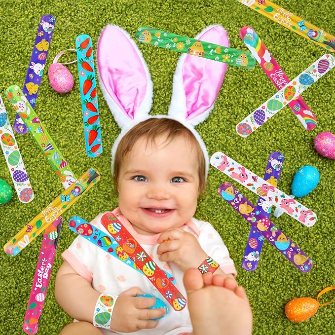 FOIMAS 48pcs Easter Slap Bracelets,Egg Bunny Chick Snap Bracelet Wristband for Easter Egg Filler Basket Stuffer Party Favor Supply