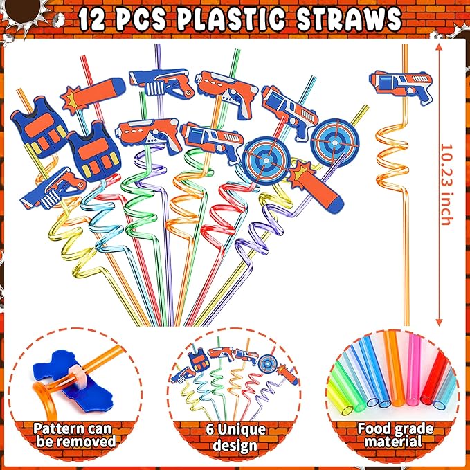 Erweicet Dart Battle Party Favors 72 PCS Gun Slap Bracelets DIY Stickers Temporary Tattoos Keychains Plastic Straws Gift Bags for Kids Boys Birthday Baby Shower Goodie Bag Fillers, Blue,Orange,White