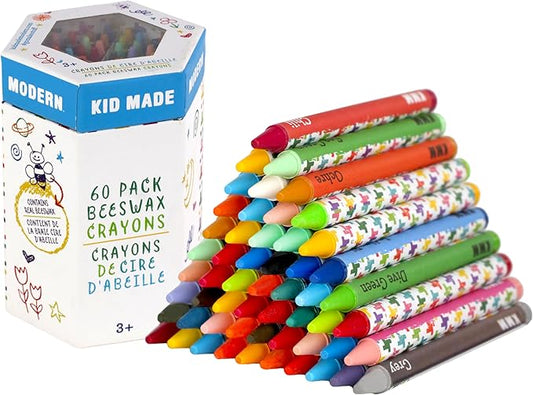 Kid Made Modern Beeswax Crayons for Toddlers & Kids (60 Pieces) - Coloring Non Toxic Crayons with Case & Built-In Sharpener (Ages 3+)