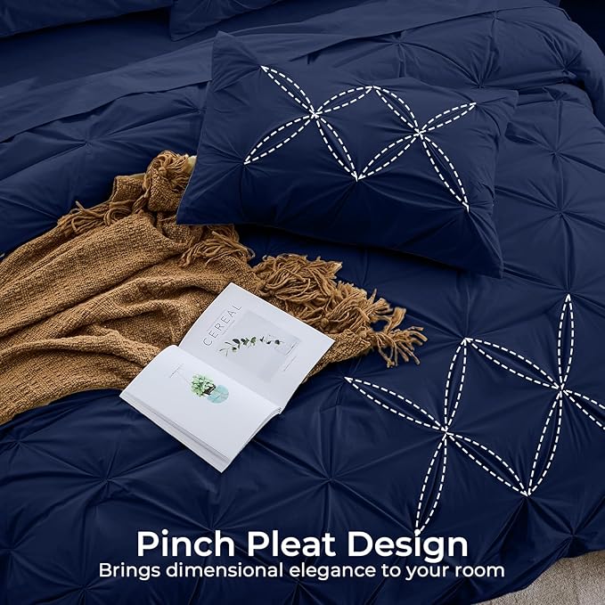 Sasttie Queen Comforter Set, 7-Piece Bed in a Bag, Pintuck Bedding Sets for All Season, Includes Comforter, Flat Sheet, Fitted Sheet, Pillowcases and Pillowshams, Navy
