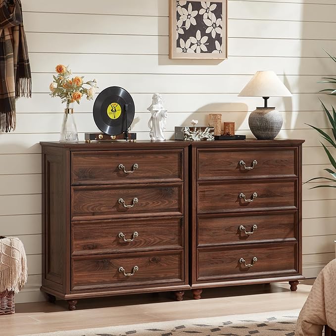 Farmhouse 4 Drawer Dresser Set of 2 for Bedroom, 37" Tall Rustic Chests of Drawers w/ 4 Solid Wood Feet, Mid Century Vintage Wooden Closet Storage Dressers Organizer for Living Room, Brown