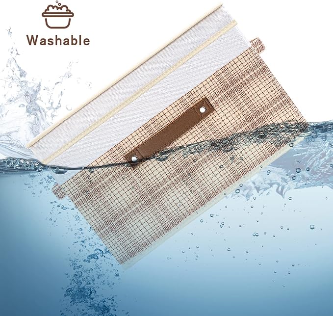 TYEERS Collapsible Storage Bins with Lids, Patchwork Design, Washable, Fabric Storage Boxes, 14.9x9.8x9.8 inches, 3 Pack, Camel Tan