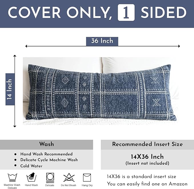 BlissBlush Dark Blue Boho Lumbar Throw Pillow Cover 14X36, Decorative Long Accent Body Pillow for Bed, Farmhouse Woven Textured Pillowcase for Couch (Cover ONLY)