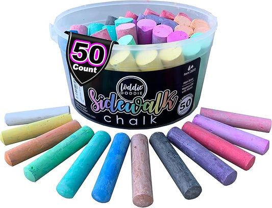 Loddie Doddie 50ct Sidewalk Chalk for Kids - 12 Colors Non-Toxic Jumbo Sticks in Reusable Bucket - Easy Clean Up for Fun & Creativity