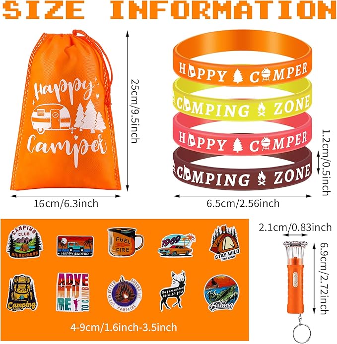 Camping Party Favors Camp Party Gifts Include Camping Themed Silicone Bracelet Mini Flashlight Keychain Assorted Camping Sticker and Gifts Drawstring Bags Camping Party Supplies for Kids (110 Pieces)