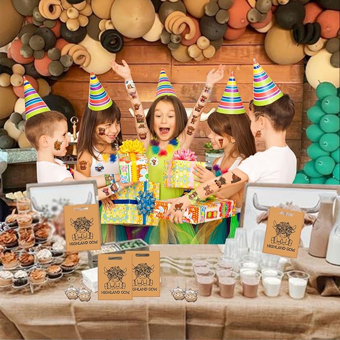 Highland Cow Party Favors Highland Cow Theme Slap Bracelets Key Chains Badges Temporary Tattoo Stickers Gift Bags for Kids Highland Cattle Farm Animal Birthday Party Supplies Baby Shower