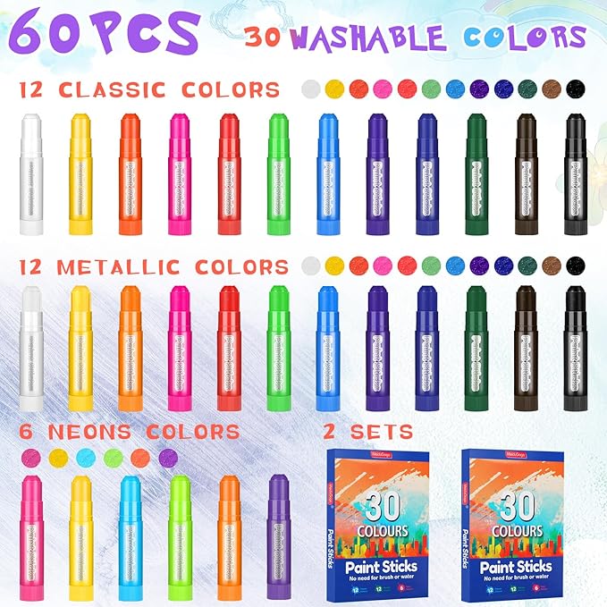 60 Pcs Tempera Paint Sticks 30 Colors Kids Washable Paint Safe Quick Drying Paint Crayons Children Arts and Craft Toddler Art Supplies for Paper Wood Glass Rock Poster Canvas