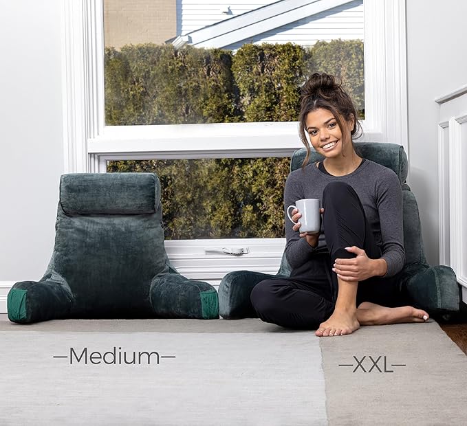 Husband Pillow XXL – Reading Pillow Bed Chair with Arms & Back Support – Dark Green - Back Pillow for Beds Sitting Up – Bed Rest Arm Pillow – Comfy Reading Pillow for Adults