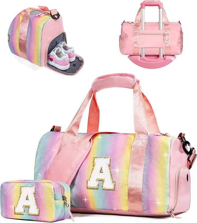 Birthday Gift for Daughter-Girl Gym Bag with Shoe Compartment, Kid Weekender Dance Bags, Initial Travel Tote with Makeup Pouch, Valentines Gifts for 5 6 7 8 9 10 11 Year Old Girls (Letter A)