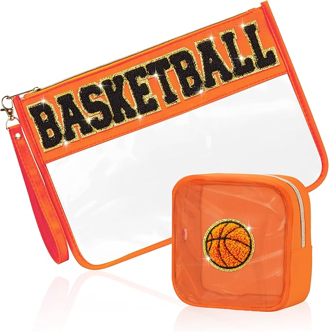 BuyCard 2 Pcs Basketball Gifts Makeup Bag with Chenille Letter Patch, Clear Cosmetic Pouch PVC Organizer Purse, Waterproof Travel Bag, Portable Toiletry Storage Bag for Her Girls Friends Women