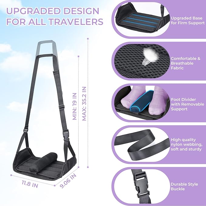 Babenest 2pcs Airplane Foot Hammock, Foldable Leg Rest Support with Adjustable Strap and Thicken Bottom, Portable Under Desk Flight Footrest Holder for Air Travel, Office & Car