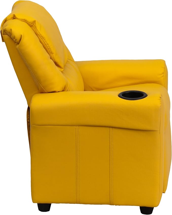 Flash Furniture Vana Vinyl Kids Recliner with Cup Holder, Headrest, and Safety Recline, Contemporary Reclining Chair for Kids, Supports up to 90 lbs., Yellow