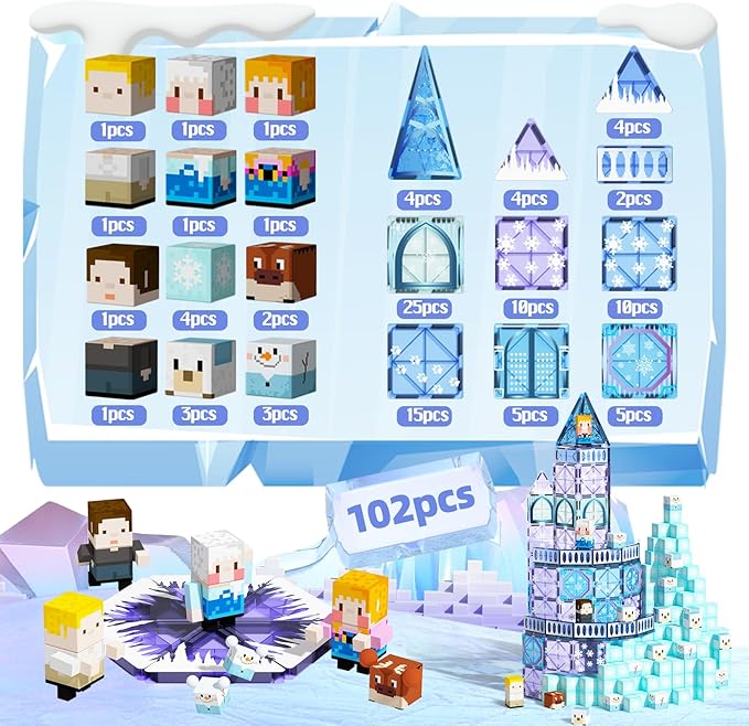 GobiDex 102PCS 2-in-1 Magnetic Tiles Blocks Frozen Toys for Girls, Princess Frozen Castle Magnet Building Blocks for Toddlers Kids, Build with MagWonder STEM Toys, 3+ Years Old Girls Birthday Gifts