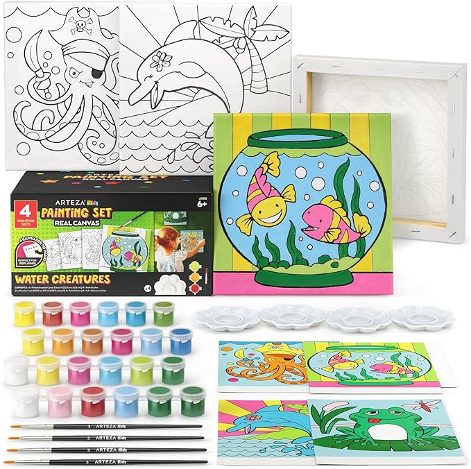 ARTEZA Kids Water Creatures Painting Kit, 4 Canvases 8 x 8 Inches, 24 Acrylic Paints, 4 Paint Brushes, 4 Palettes, Kids Activities Ages 6 and Up