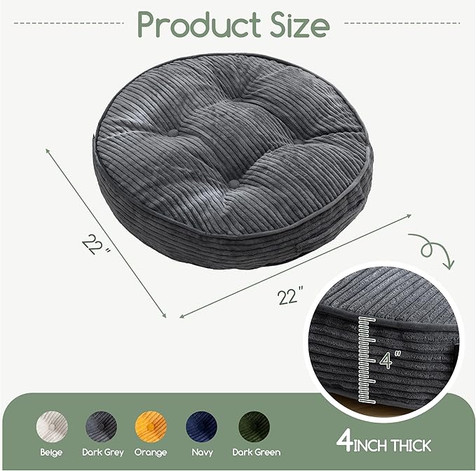Washable Floor Pillow Cushion for Adults, Meditation Cushion Pillow, Large Round Floor Sitting, Removable Tufted Corduroy Cover, for Tatami Living Room or Yoga, 22x22 Inch, 2Pack, Machine Washable